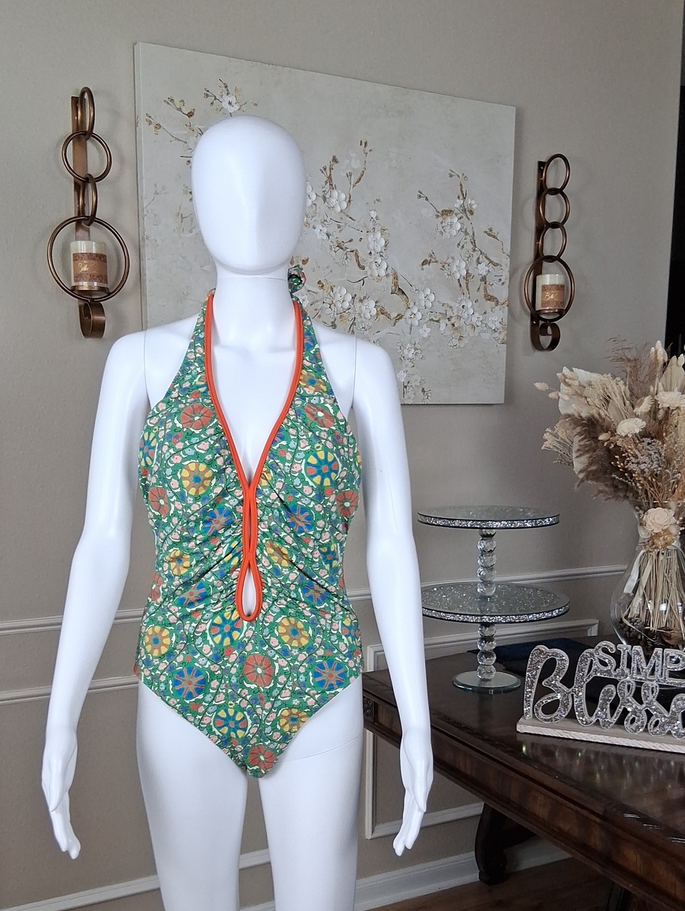 Women's Green Mosaic Halter V Neck One-Piece Swimsuit with Coral Trim Large - Picture 4 of 16